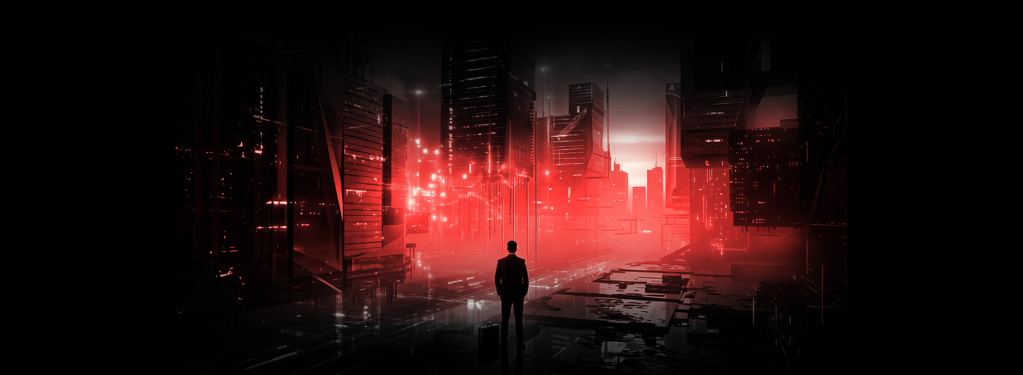 Futuristic dark city with red lights